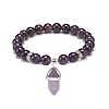 Natural Amethyst Round Beaded Stretch Bracelet with Bullet Charms BJEW-JB09018-04-1
