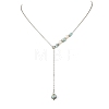 Natural Larimar Round Pendant Brass Cable Chain Lariat Y Necklaces with Natural Pearl for Women NJEW-JN06611-02-3