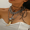 Resin Wolf Tooth Shape & Alloy Bell Pendant Waxed Cord 3 Layer Necklaces for Women FS-WGF67BB-02-1