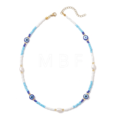 Natural Pearl & Resin Evil Eye & Glass Seed Beaded Necklaces for Women NJEW-MZ00152-01-1