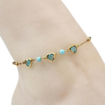 Round Natural Mixed Stone & Stainless Steel Glass Heart Link Anklets for Women AJEW-AN00804-1