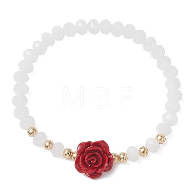 Glass with Synthetic Coral 3D Flower Rose Beaded Stretch Bracelets for Women BJEW-JB13498-1