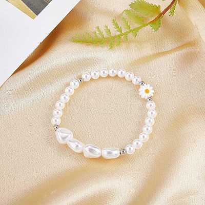 3Pcs Natural Shell & Plastic Pearl Flowers Beaded Necklaces and Stretch Bracelet Set SJEW-SW00010-02-1