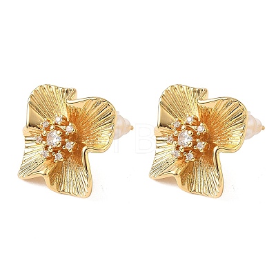 Brass Micro Pave Clear Cubic Zirconia Flower Stud Earrings EJEW-D337-04G-1