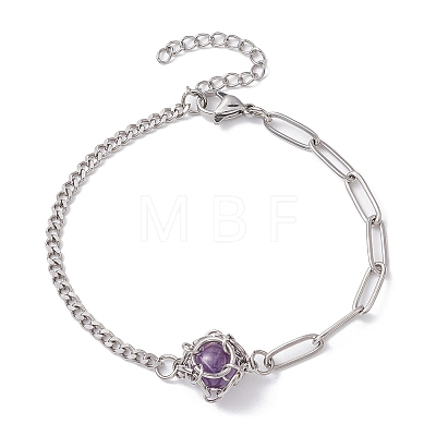 Natural Gemstone Round Link Bracelet BJEW-JB10032-02-1
