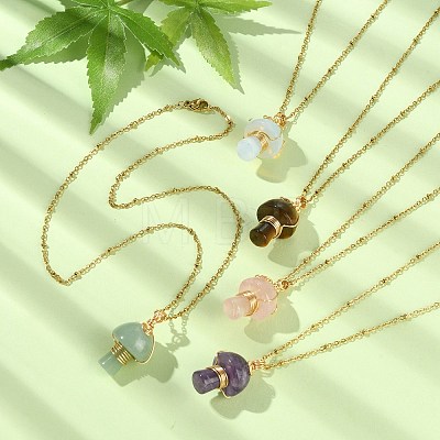 Mushroom Gemstone Copper Wire Wrapped Pendant Necklace for Girl Women NJEW-JN04281-1