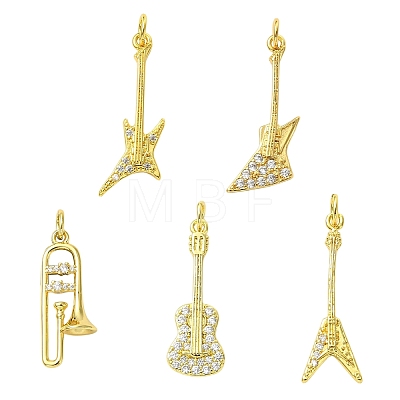 5Pcs 5 Styles Musical Instruments Theme Rack Plating Brass Clear Cubic Zirconia Pendants KK-CJ0005-93-1