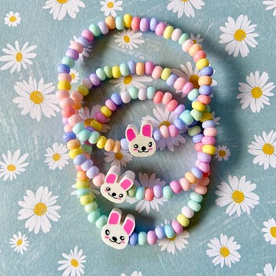 Easter Acrylic Rabbit & Rondelle Beaded Stretch Bracelets for Girl FS-WGB8062-01-1