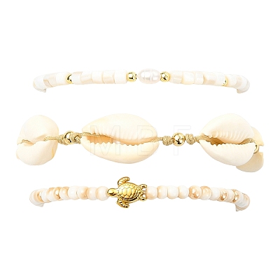 3Pcs 3 Styles Natural Mixed Cowrie Shell Beads Adjustable Bracelets BJEW-JB13915-1