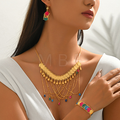 Fashion Brass Teardrop Tassel Coin Earrings & Necklace & Bracelet Sets for Women VY0534-1