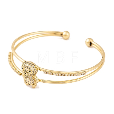 Brass Micro Pave Clear Cubic Zirconia 2-Strand Bear Open Cuff Bangles for Women BJEW-S147-12G-1