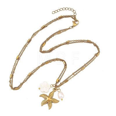 Ocean Natural Shell Flower & Rice Pearl & 304 Stainless Steel Starfish Pendant 2-Strand Chain Necklaces for Women NJEW-JN06260-1