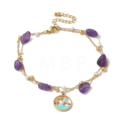 Nuggets Natural Amethyst & Imitation Pearl Multi-Strand Anklets BJEW-P326-03B-G-1