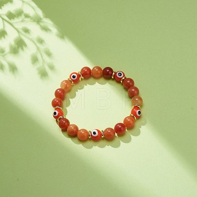 Natural Red Aventurine & Lampwork Evil Eye Round Beaded Stretch Bracelet BJEW-JB08713-04-1