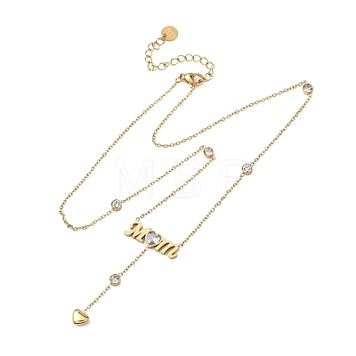Mother's Day 304 Stainless Steel Crystal Rhinestone Word Mom Pendant Heart Tassel Y Necklaces for Women NJEW-L015-01G-1