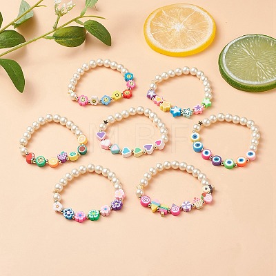 7Pcs 7 Style Star & Smiling Face & Flower Polymer Clay Stretch Bracelets Set with Glass Pearl Beaded BJEW-JB08786-1