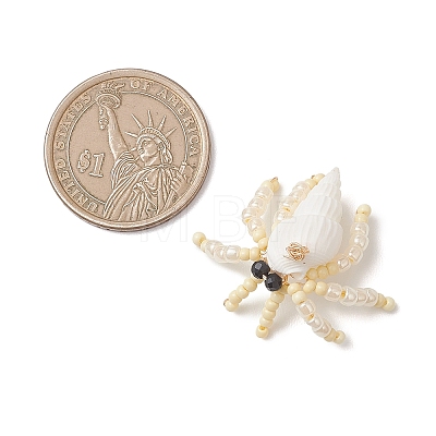 Faceted Round Natural Black Spinel & Natural Trumpet Shell & Glass Seed Beaded Crab Pendants PALLOY-MZ01177-02-1