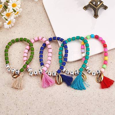 5Pcs 5 Colors Word Love Beads Stretch Bracelets Set for Girl Women BJEW-SZ0001-97-1