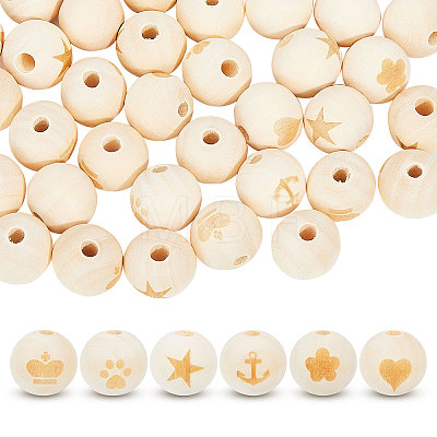 Globleland 60Pcs 6 Styles Wood European Carved Beads WOOD-GL0001-17-1