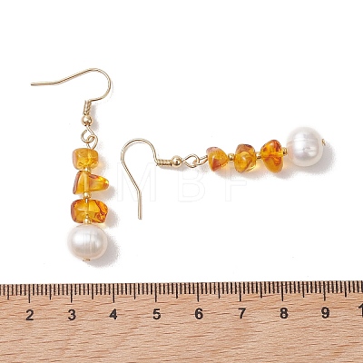 Natural Cultured Freshwater Pearl & Natural Amber Dangle Earrings EJEW-JE06961-1