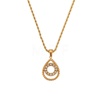 304 Stainless Steel Micro Pave Clear Cubic Zirconia Teardrop with Ring Pendant Necklaces for Women WGE593C-01-1