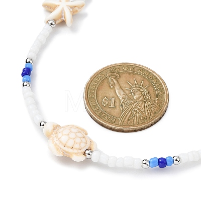 Tortoise & Starfish Synthetic Turquoise & Round Seed Beaded Necklace NJEW-TA00125-1