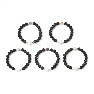 Natural Lava Rock & Lampwork & Mixed Gemstone Round Beads Stretch Bracelets for Women BJEW-JB12788-1