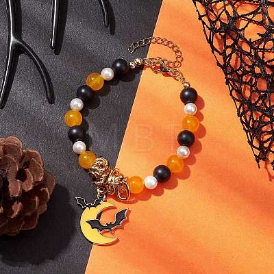 Halloween 8mm Round Dyed Natural Malaysia Jade & Frosted Black Glass Beaded Stretch Bracelets BJEW-TA00498-1