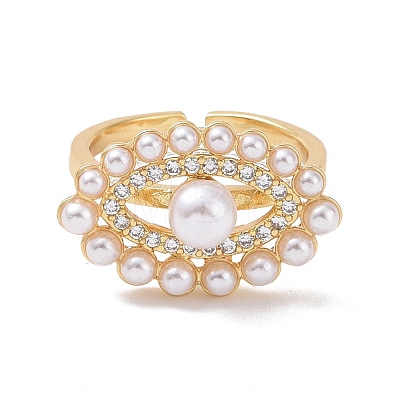Clear Cubic Zirconia Horse Eye Open Cuff Ring with Acrylic Pearl Beaded RJEW-P032-13G-1