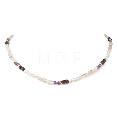 Synthetic Non-magnetic Hematite & Natural Rainbow Moonstone & Garnet & Amethyst Round Cube and Natural Pearl Rice Beaded Necklaces NJEW-JN05868-02-1