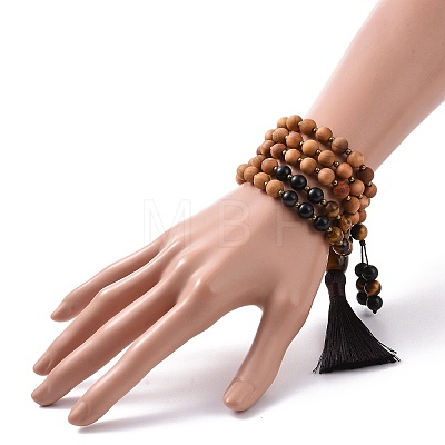 Wood & Tiger Eye Beads Wrap Necklaces NJEW-JN04135-1