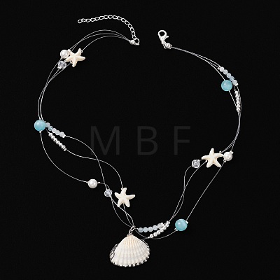 Electroplate Natural Shell Pendant Clear Nylon String 3-Strand Necklaces NJEW-TA00221-1