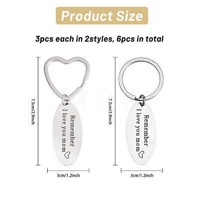 GOMAKERER 6Pcs 2 Styles Mother's Day Oval with Word Remember I Love You Mom Stainless Steel Keychain AJEW-GO0001-57-1