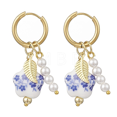 Brass Flower with Leaf Hoop Earrings EJEW-JE06745-1