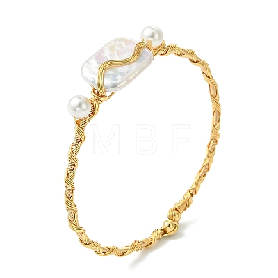 Twisted Wire Wrapped Natural Baroque Keshi Pearl Cuff Bangles for Women BJEW-JB13961-1