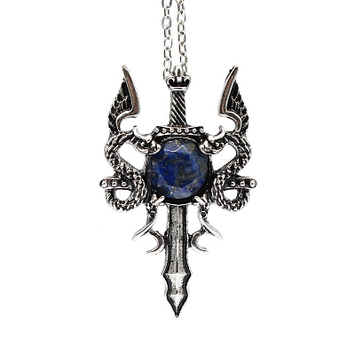 Natural Lapis Lazuli Dragon Sword Pendant Necklace G-PW0004-67G-1
