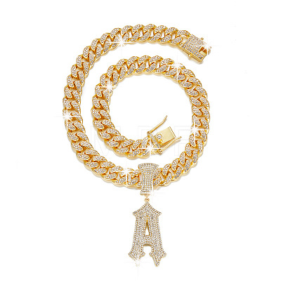 Alloy Full Crystal Rhinestone Letter Pendant Cuban Link Chain Necklaces for Men FS-WGEAD7F-04-1