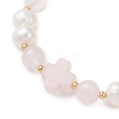 Natural Rose Quartz & Cultured Freshwater Pearl Round Beads Stretch Bracelets for Women BJEW-JB13086-02-1