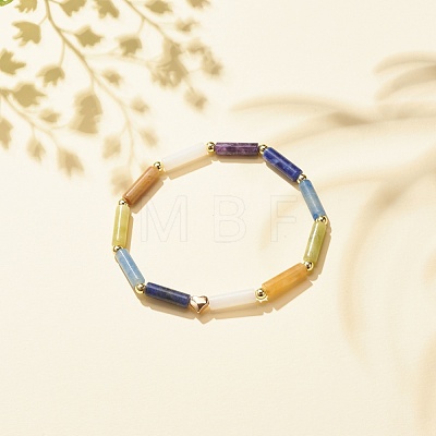 Natural Mixed Gemstone Curved Tube Chunky Stretch Bracelet with Brass Heart BJEW-JB08127-1