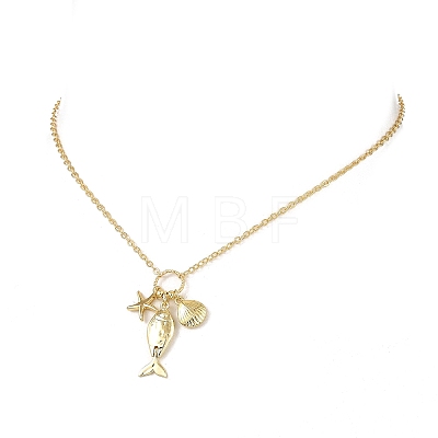 Ocean Brass Fish Shell Shape Starfish Pendant Cable Chain Necklaces for Women NJEW-JN06232-1