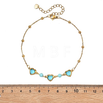Round Natural Mixed Stone & Stainless Steel Glass Heart Link Anklets for Women AJEW-AN00804-1