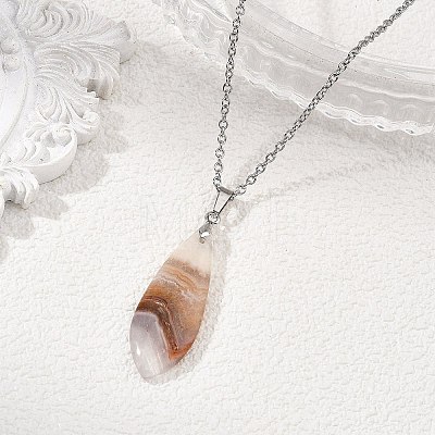 Natural Amethyst Lace Agate Teardrop Pendant 304 Stainless Steel Cable Chain Necklaces NJEW-JN06322-02-1