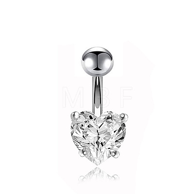 304 Stainless Steel Clear Cubic Zirconia Heart Curved Barbell Belly Rings WG52F32-04-1