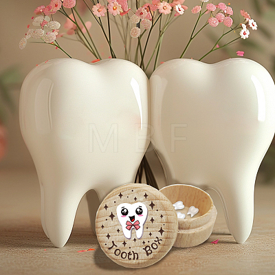 Round Beech Wooden 3D Engraved My First Tooth Box CON-WH0120-004-1