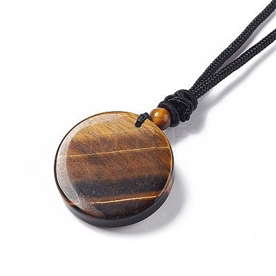 Natural Tiger Eye Flat Round with Hexagon Pendant Necklace with Nylon Cord for Women NJEW-P274-05-01-1