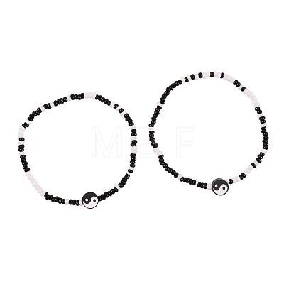 2Pcs Yin-yang Polymer Clay Glass Seed Beaded Stretch Anklet Sets for Women FS-WG3863F-08-1