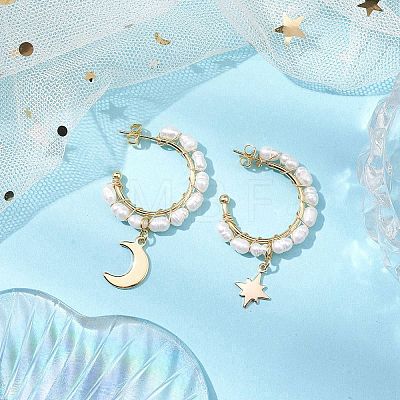 Moon & Star Natural Pearl Dangle Half Hoop Earrings EJEW-JE05895-01-1
