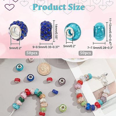  100Pcs 2 Style Polymer Clay Rhinestone & Resin European Large Hole Beads with Silver Color Plated Brass Cores FPDL-NB0001-04-1