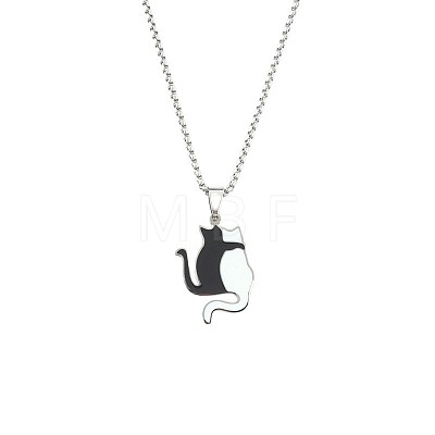 304 Stainless Steel Enamel Black and White Cat Shaped Pendant Box Chain Necklaces for Men WG4CCE4-01-1