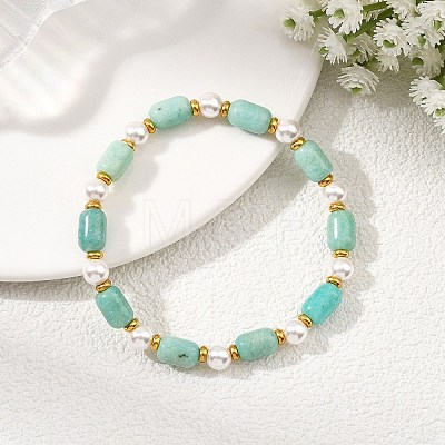 Natural Amazonite & Shell Pearl & Brass Beads Stretch Bracelets for Women BJEW-JB13865-03-1